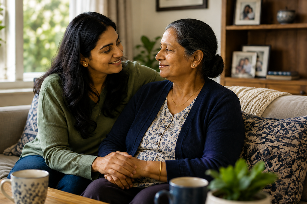 A caregiver and an older woman holding hands and sharing a warm moment on a couch