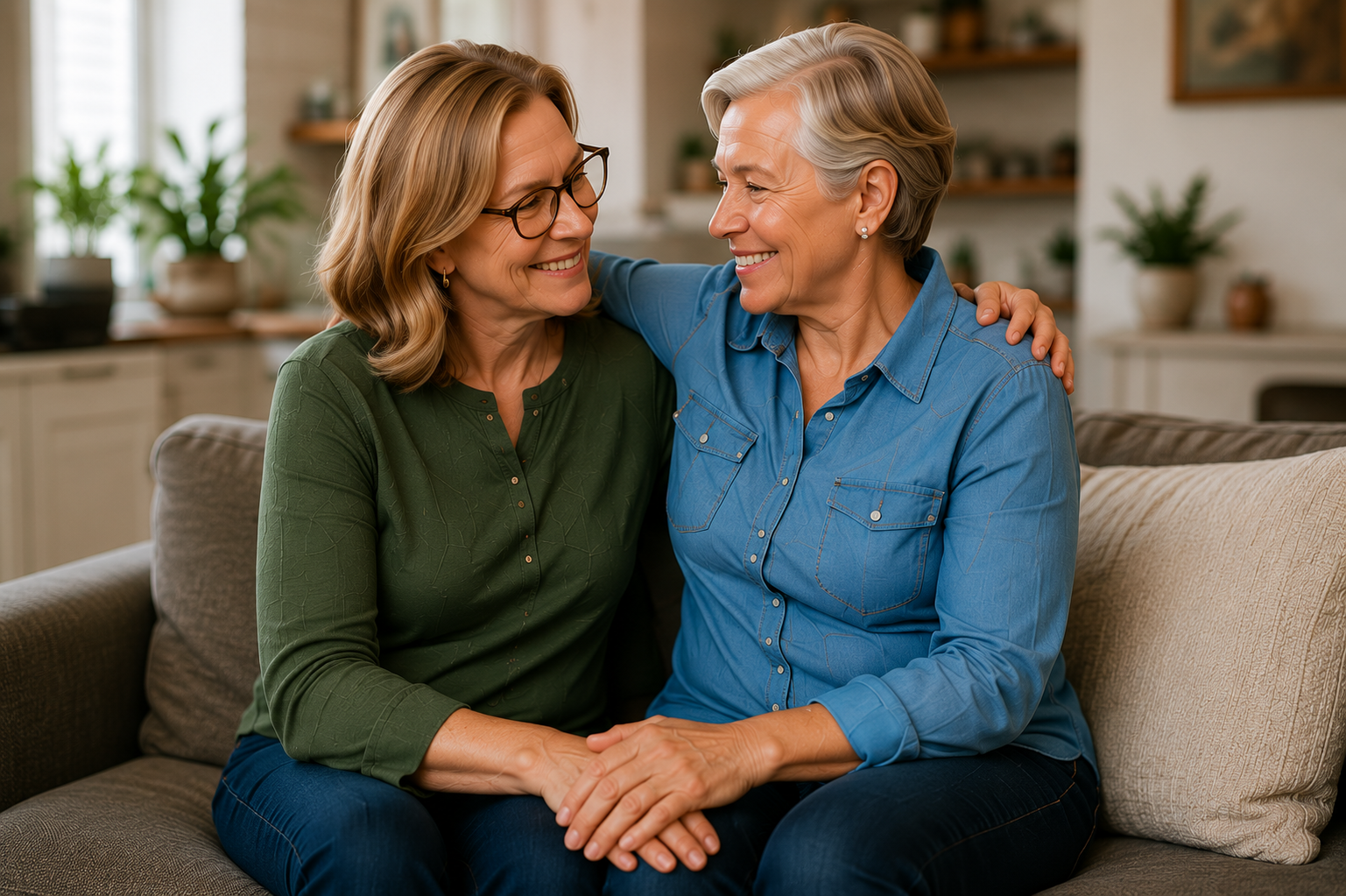 Two women sitting together on a couch, holding hands and smiling